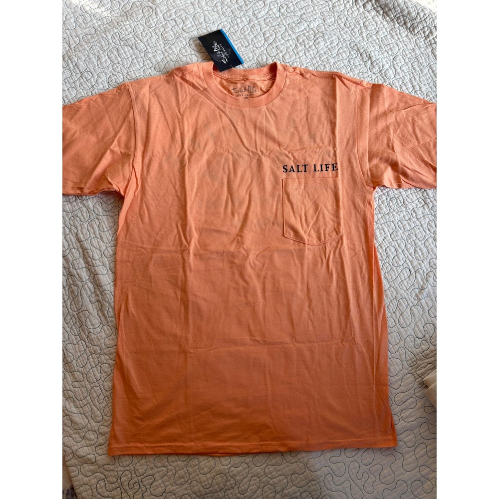 Salt Life Mens Pocket T-Shirt Medium Orange Shark Tooth On The Hunt Graphic